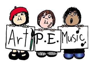 Art, PE, Music sign with students 