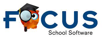  The word FOCUS in blue text with an owl holding a Magnifying glass & school software in black tex