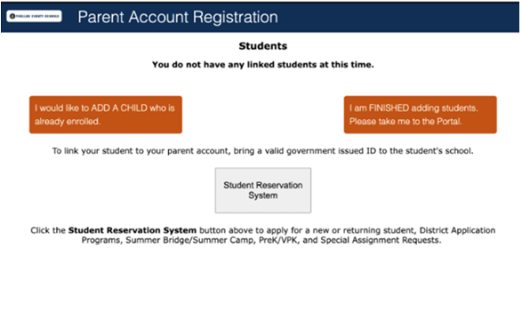 SELECT THE APPROPRIATE BOX TO ADD A CHILD OR NAVIGATE TO THE STUDENT RESERVATION SYSTEM.