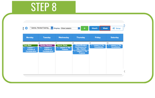 Click Week to view the calendar by week instead of month. Click Month to return to the monthly view.