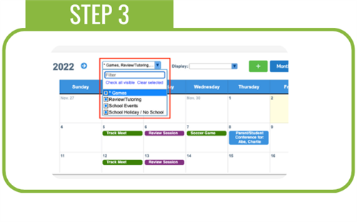 To filter the calendar to only view events in a specific category, click the category pull-down and select the desired catego