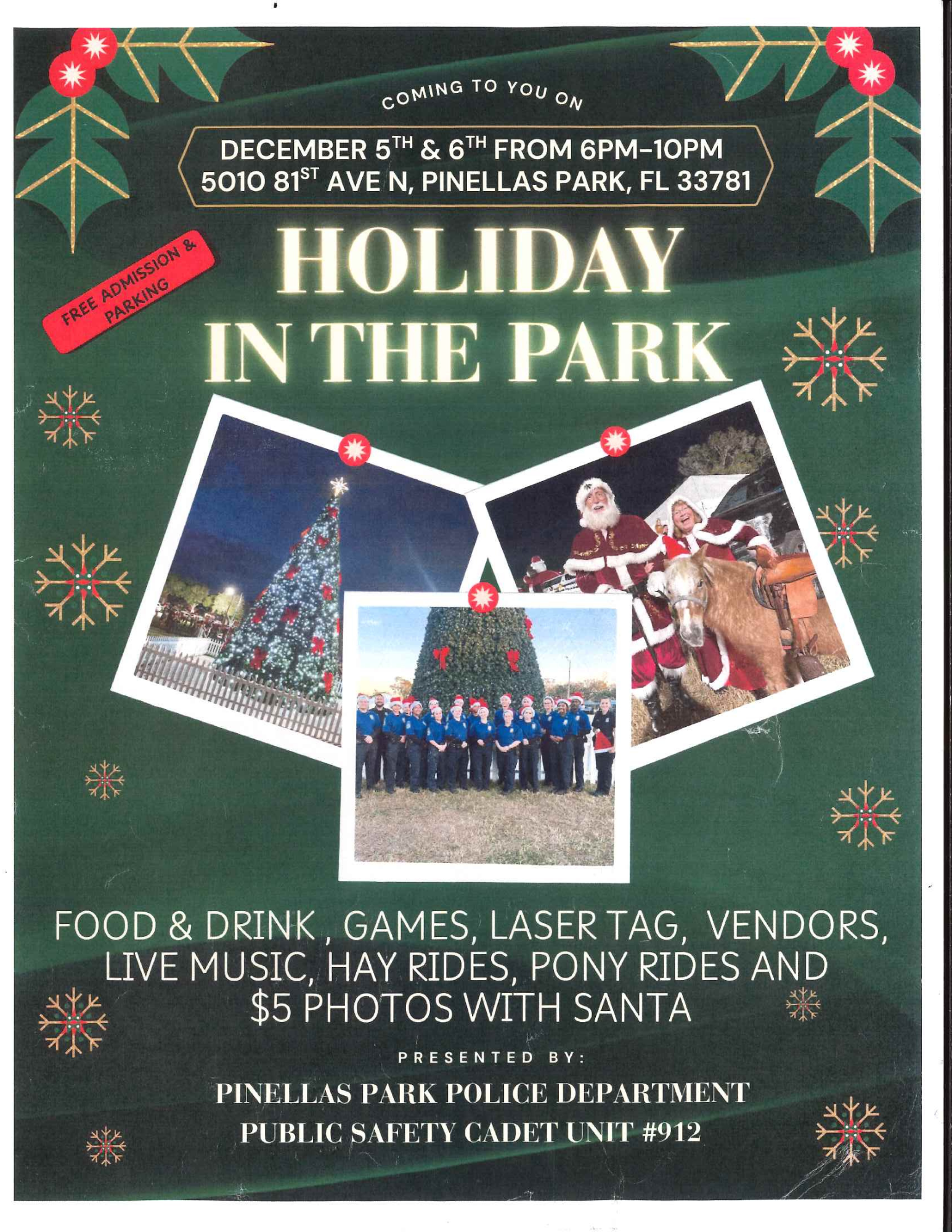  image shows holiday characters announcing the holiday in the park on December 5 and 6