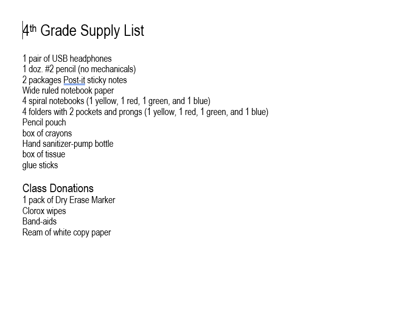4th grade supply list
