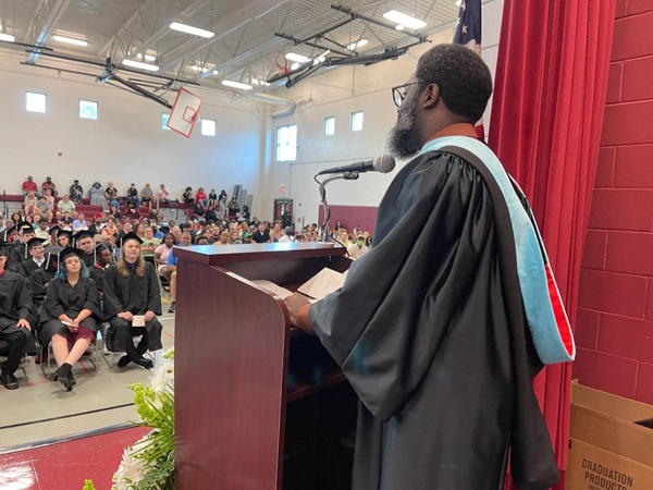 Principal Konrad McCree addresses the Bayside High graduating class of 2022.