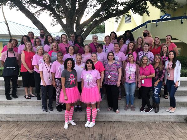 During Celebrating Breath Cancer Awareness Month, Tarpon Springs Elementary celebrate a breast cancer survivor teacher.