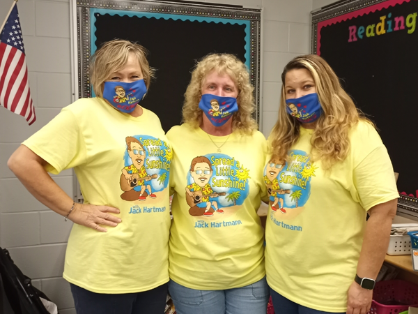 Kindergarten teachers at Frontier Elementary, were spreading a little sunshine with Jack Hartmann mask and shirts.