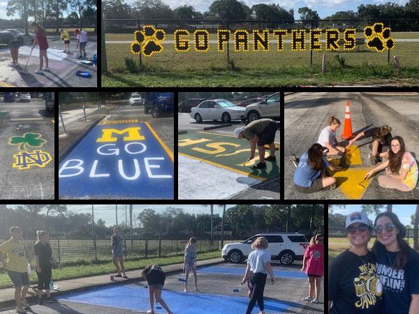 Palm Harbor Middle School students, teachers and plant operations staff did a wonderful job painting parking stumps, parking spots, arrows and fire hydrates and also handing up a panther cup sign on Beautification-day.  