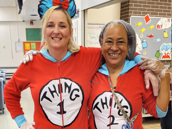 Walsingham Elementary School cafeteria staff, Ms. Tanya and Ms. Liz dressed up for Dr. Seuss's Birthday. 