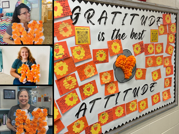 McMullen Booth Elementary shows appreciation for staff through the Gratitude is the best Attitude and Marigold of the Week award. Staff members receive marigold flower bouquets as a reward for their commitment to the ideals of Growth, Gratitude and Goals.