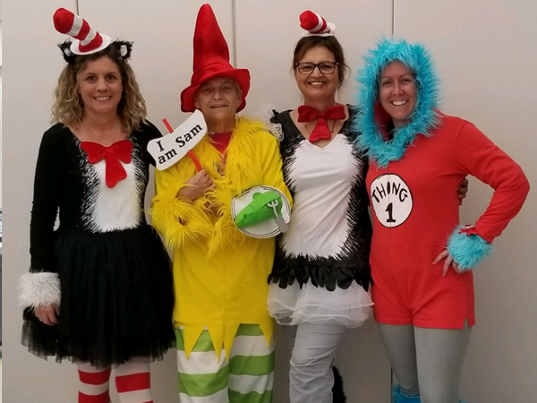 Paul B Stephens school staff dressed as Dr. Suess characters for Read across America Day.