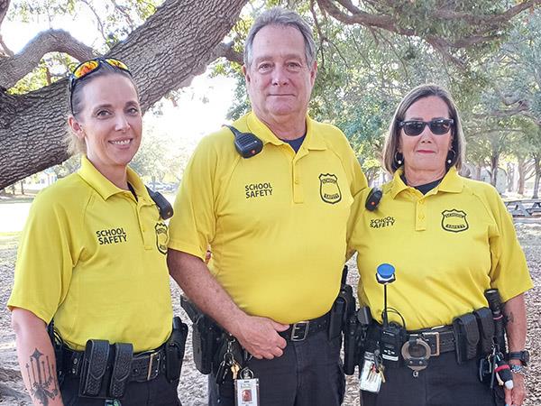 Officer Jessica Dickerson, Walsingham Elementary,  Officer James Slaton, Enterprise Village,  and Officer Libby Burch, Southern Oak Elementary, work to keep our schools, students & staff safe daily.