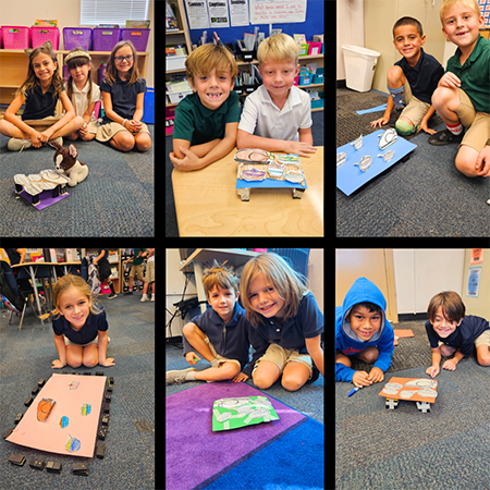 Mrs. Georgia's second-grade class at Gulf Beaches Elementary participated in a National STEM Day activity. Scholars used construction paper, scissors, craft sticks, tape and dominoes to build tables for Thanksgiving menu items.