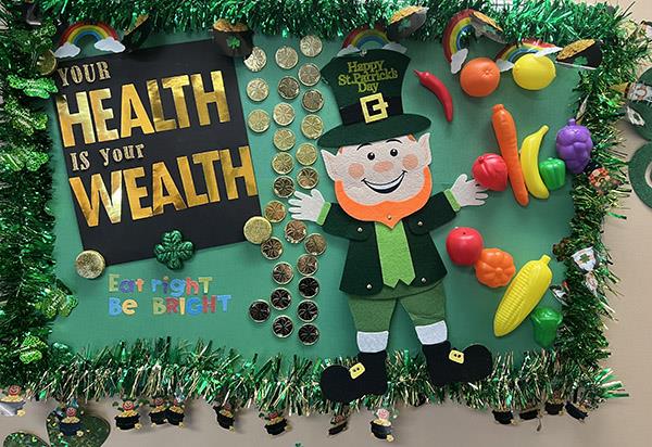 New Heights Elementary created a bulletin board for the month of March to promote health and wellness for all students.